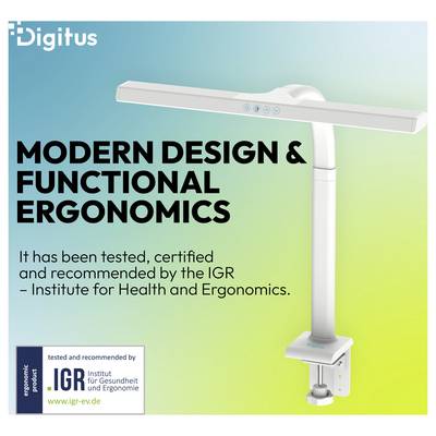 Digitus ergonomic monitor arm with 'Modern Design & Functional Ergonomics' text; certified and recommended by IGR Institute for Health and Ergonomics.