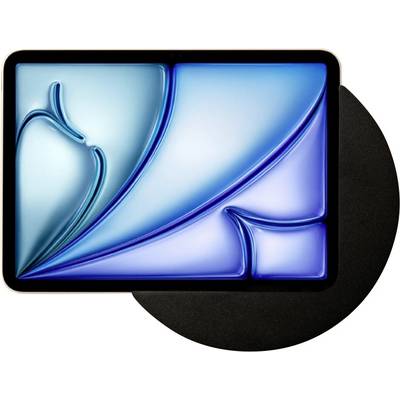 Abstract blue and cyan glossy geometric artwork in a rounded rectangle, with a black circular shape behind it.
