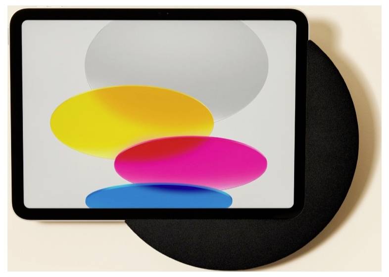 Tablet screen showing three overlapping colored ovals—yellow, pink, and blue—with a large gray oval above, against a beige background and black circular backing.