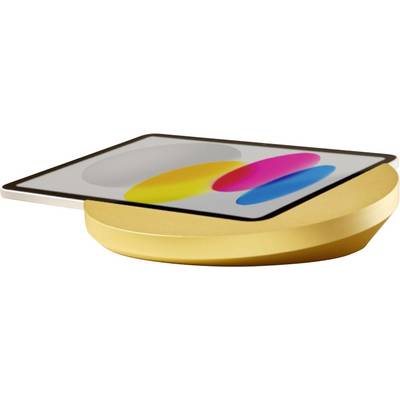 A stylized flat-screen tablet or monitor angled on a gold oval base, showing three overlapping colored ovals on its screen.
