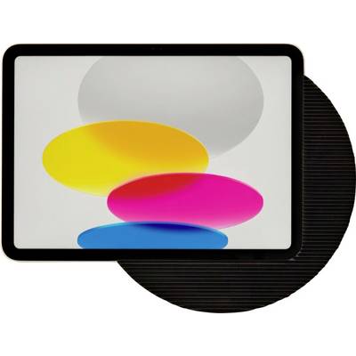 Abstract graphic of overlapping colored ovals on a tablet-like screen over a dark circular background.