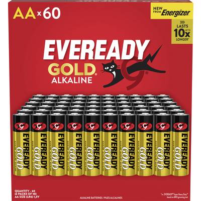 Eveready Gold alkaline AA batteries, pack of 60, shown in a red product ad with 'NEW from Energizer' and 'Lasts up to 10x longer' badges.