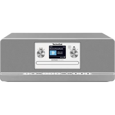 Front view of a silver TechniSat digital radio with speaker grilles, display screen, volume and tuning knobs, and preset buttons.