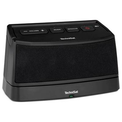 Black TechniSat tabletop radio speaker with volume, music, language, and power buttons on top.
