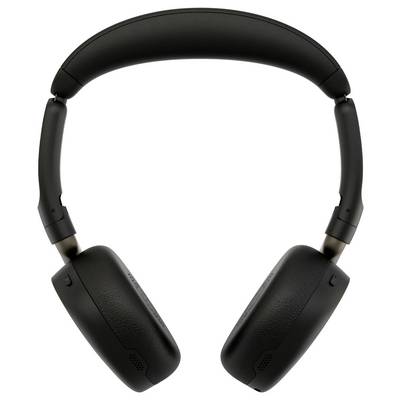 Black over-ear wireless headphones on a white background, shown front view.