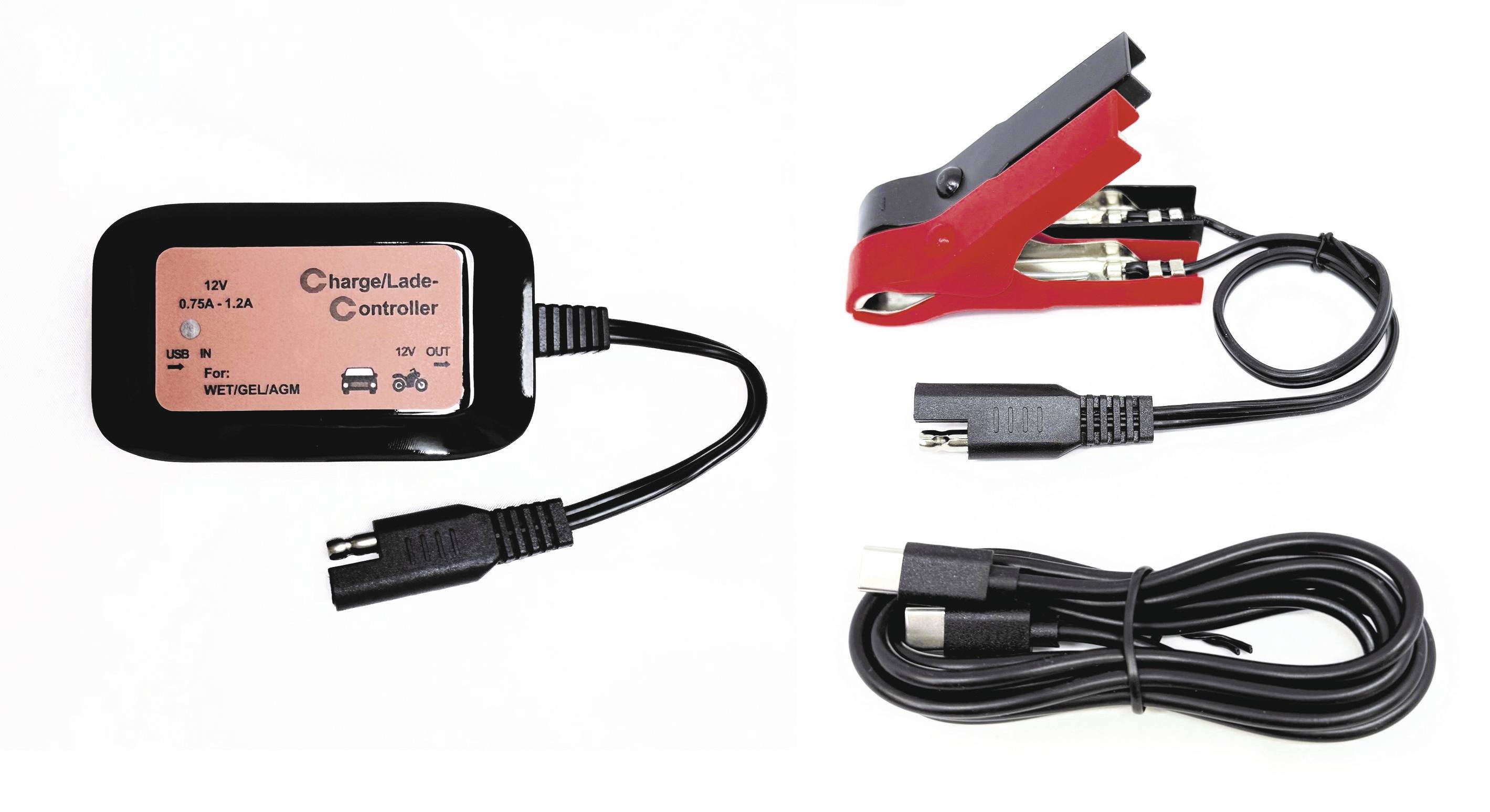 12V battery charger/controller with cable set, red and black clamp leads, and a coiled power cord on a white background