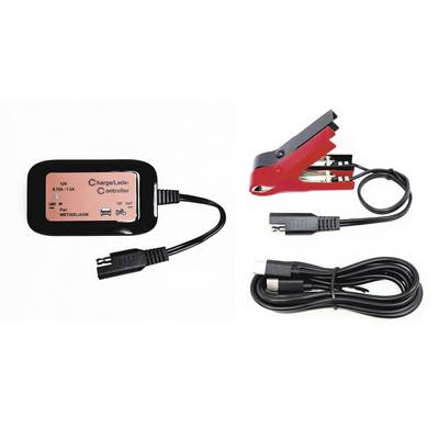 12V battery charger/controller with cable set, red and black clamp leads, and a coiled power cord on a white background