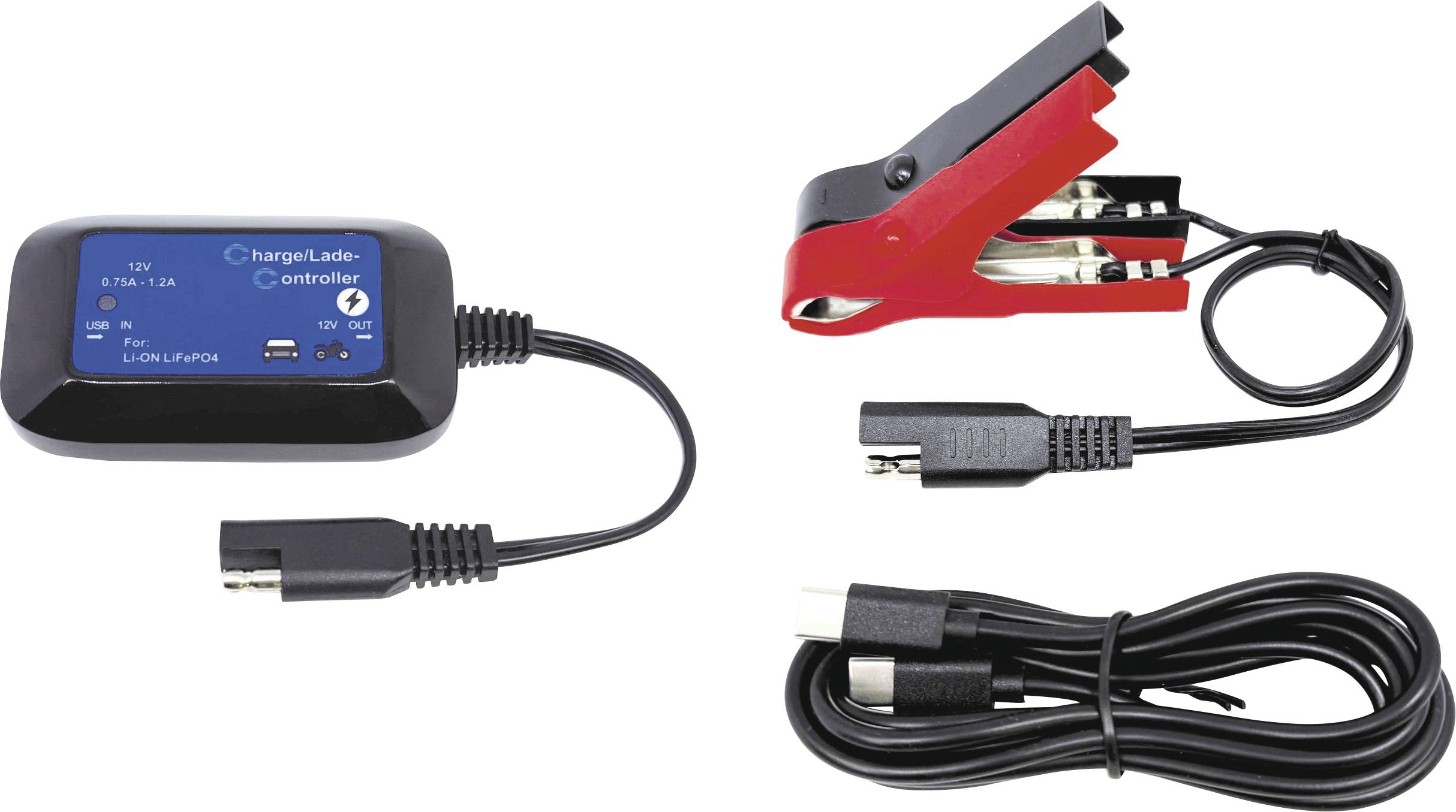 Car battery charger kit: charge controller box, red clamp connector, and coiled cable with plug on a white background.
