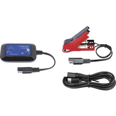 Car battery charger kit: charge controller box, red clamp connector, and coiled cable with plug on a white background.