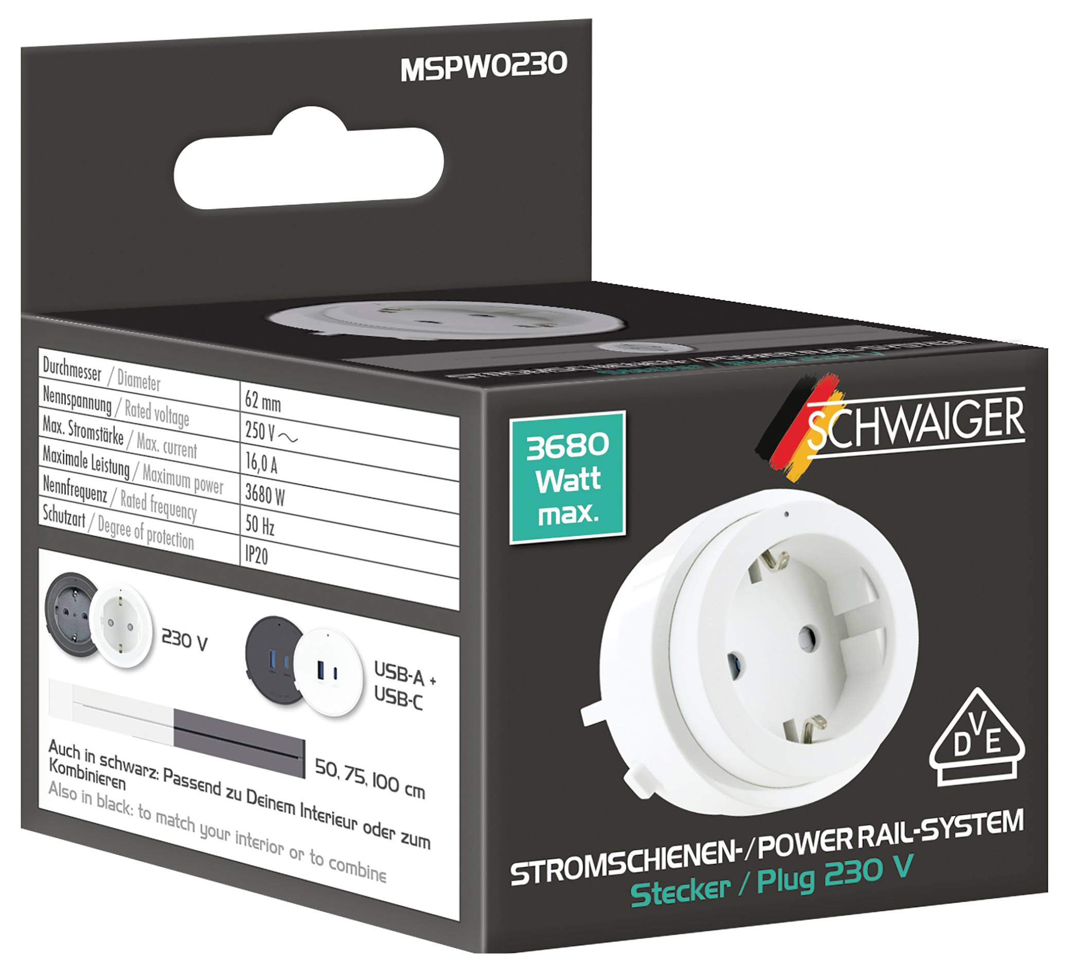 Box of a Schwaiger power rail system plug adapter, labeled '3680 Watt max.' and 'Stecker / Plug 230 V', with socket and USB ports shown.