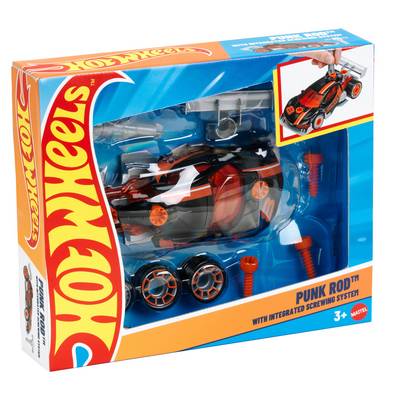 Hot Wheels toy car set in blue-and-orange packaging, labeled 'Punk Rod' and 'with integrated screwing system'.