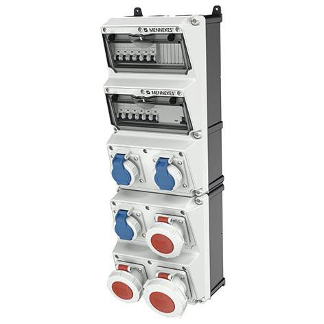 Industrial electrical distribution box with multiple breaker panels and blue/red power sockets mounted in a vertical metal enclosure.