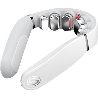 White neckband-style wireless headphones with metallic earbud controls and black/red accents on a plain background.