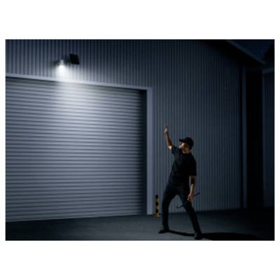 A man in dark clothing and a cap stands outside a warehouse at night, pointing upward toward a light near a large closed roll-up door.