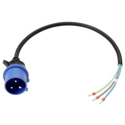 Blue industrial electrical plug with attached black cable and three exposed wire ends<br>