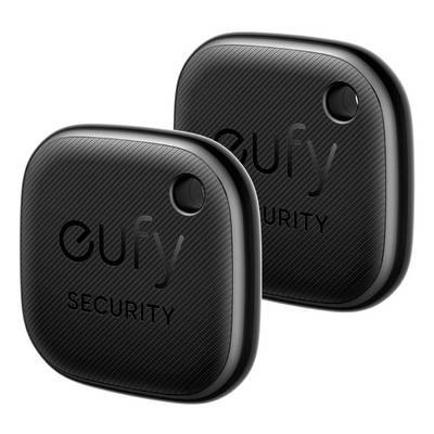 Two black Eufy Security tracking tags with rounded-square cases and top-right buttons, shown overlapping on a white background.