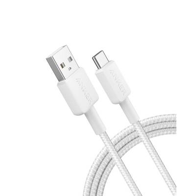 White USB-A to USB-C charging cable with braided cord and Anker connectors on a white background.