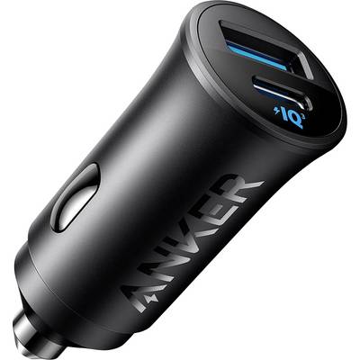 Black car charger with one USB-C and one USB-A port, blue-lit '10' indicator, and side release button.