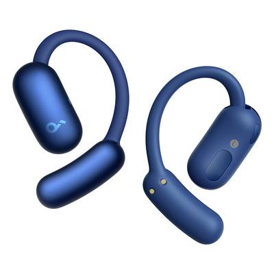 Two blue open-ear wireless headphones shown side by side on a white background.