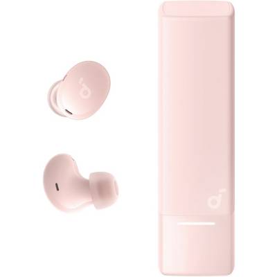 Pink wireless earbuds with charging case shown against a white background.