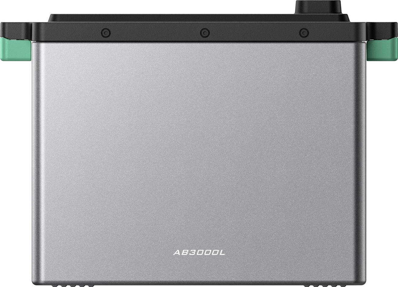 Front view of a silver AB3000L electronic module or device with a black top edge and green side connectors on a white background.