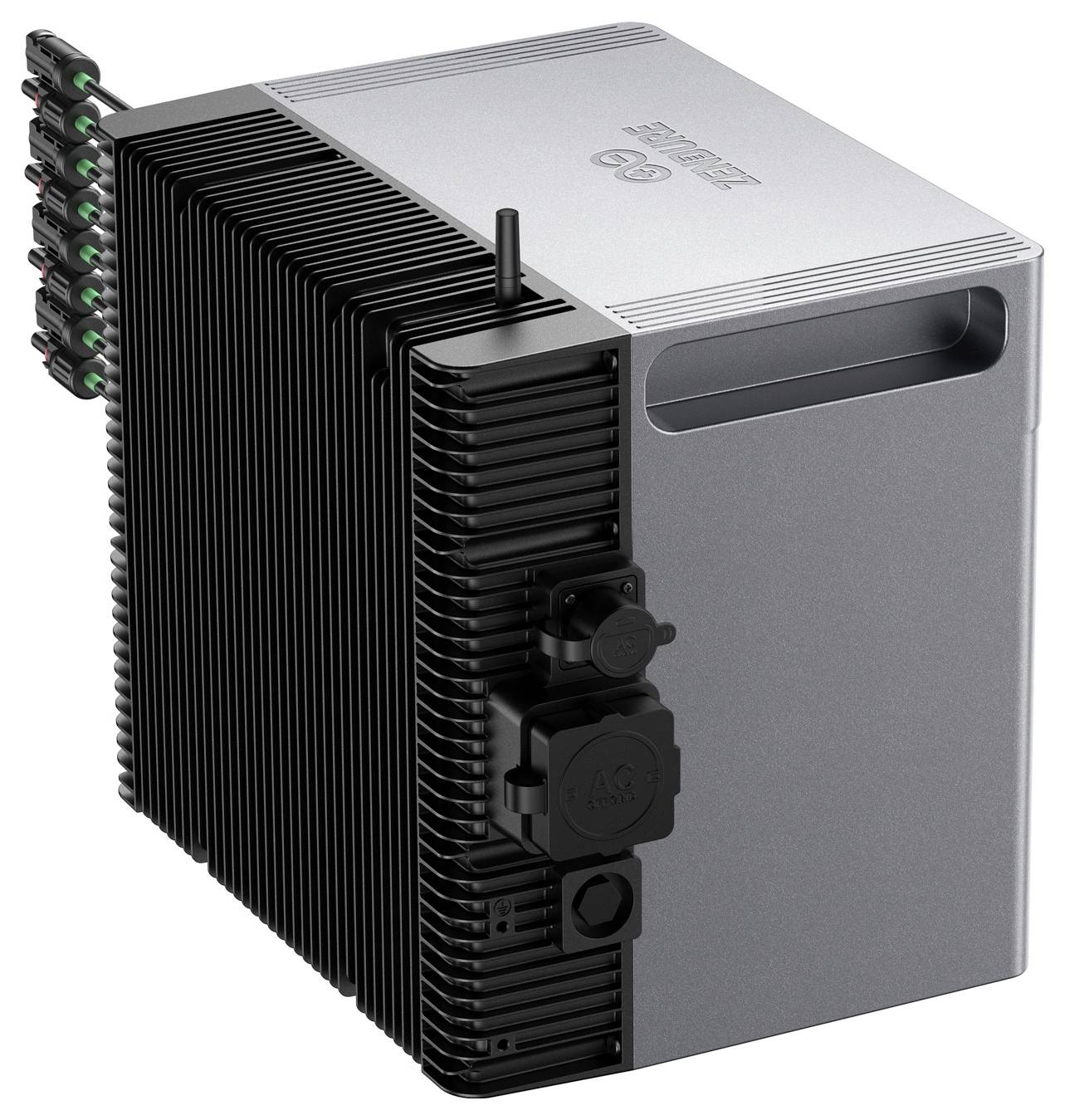 Black-and-silver electronic cooling module with finned heatsink, multiple connectors, and a top carry handle.