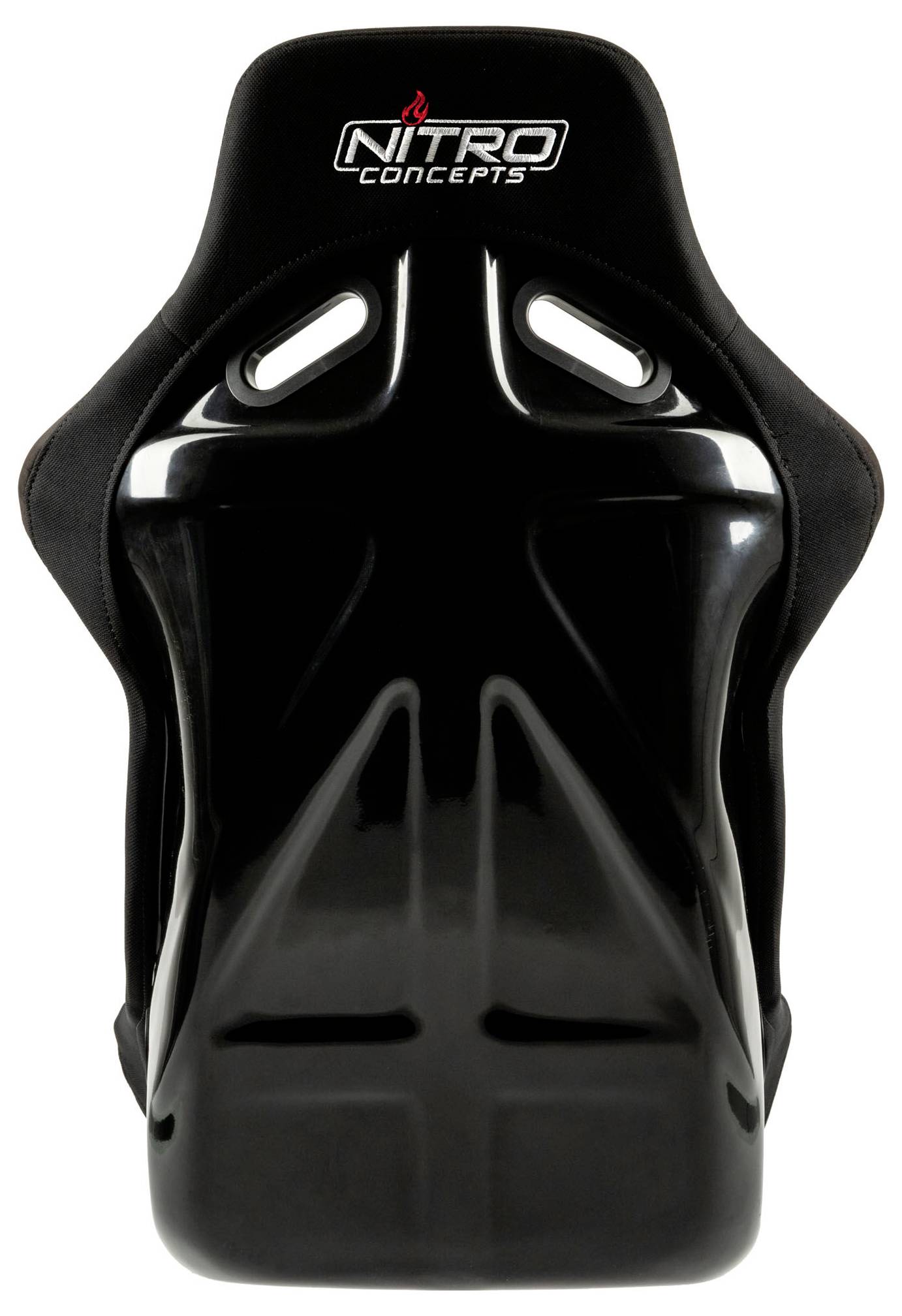 Black Nitro Concepts racing bucket seat with harness openings, shown front view on a white background.