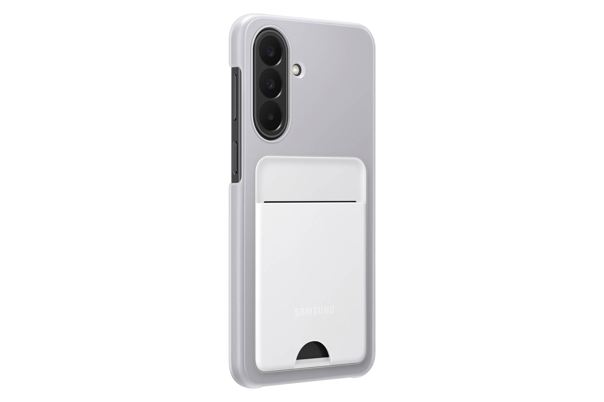 Gray smartphone shown from the back with a white card holder attached beneath the triple camera lenses.