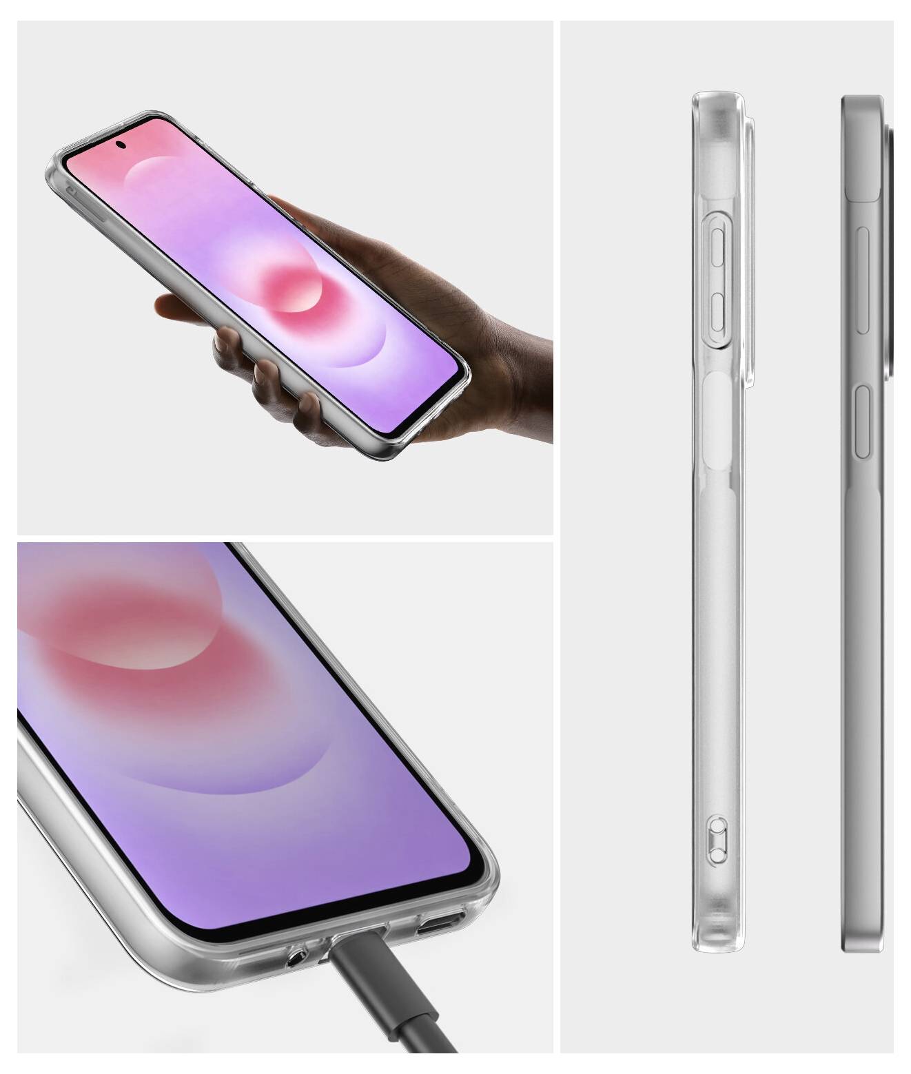 Collage of a smartphone in a clear protective case, shown in hand, charging from the bottom, and from side views highlighting the slim design and button cutouts.
