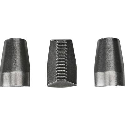 Three views of a metal tool bit or punch with a tapered black top and silver base; center view shows a threaded shaft.