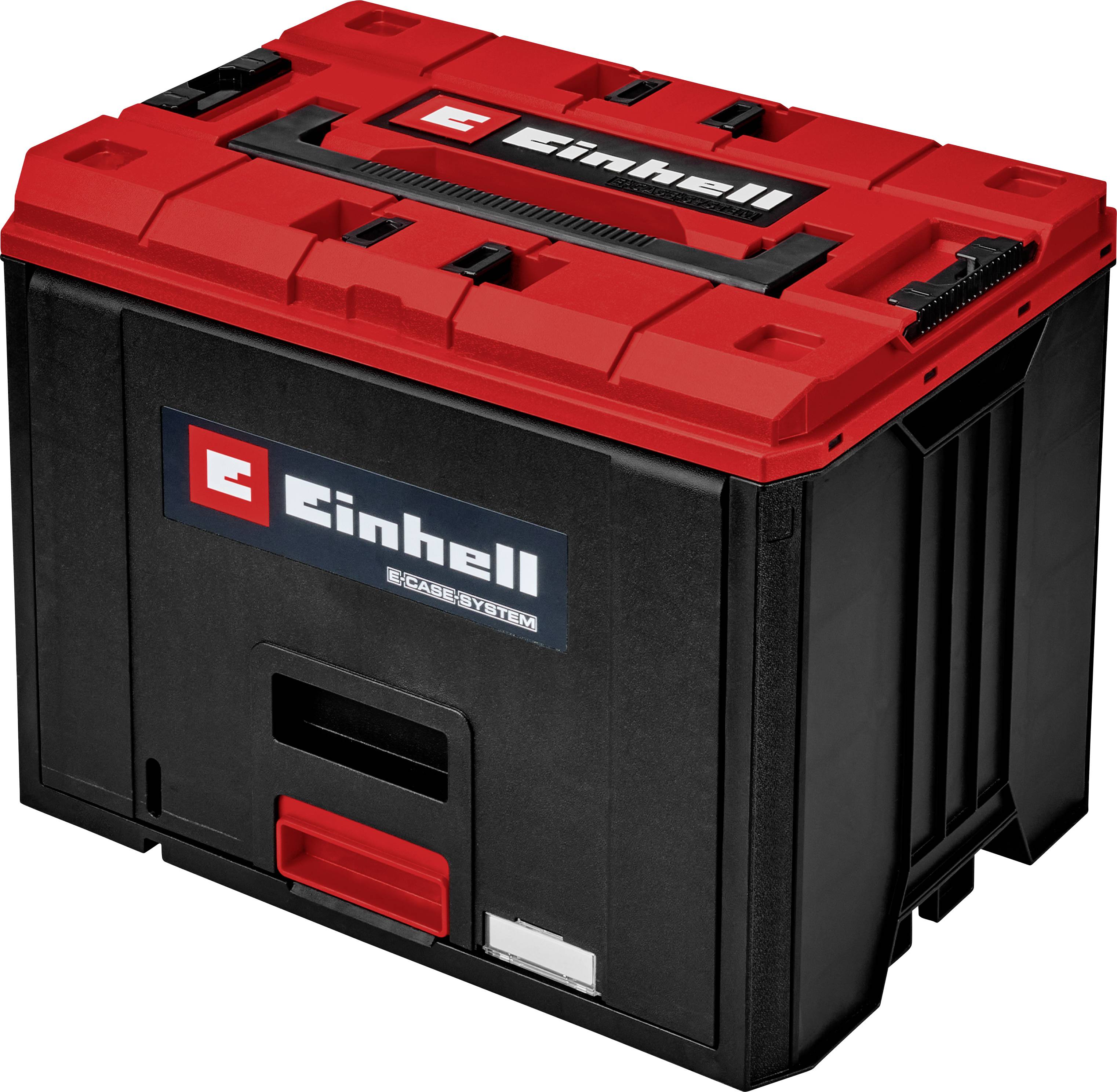 Red and black Einhell plastic tool storage case with a carry handle and front latch, shown on a white background.