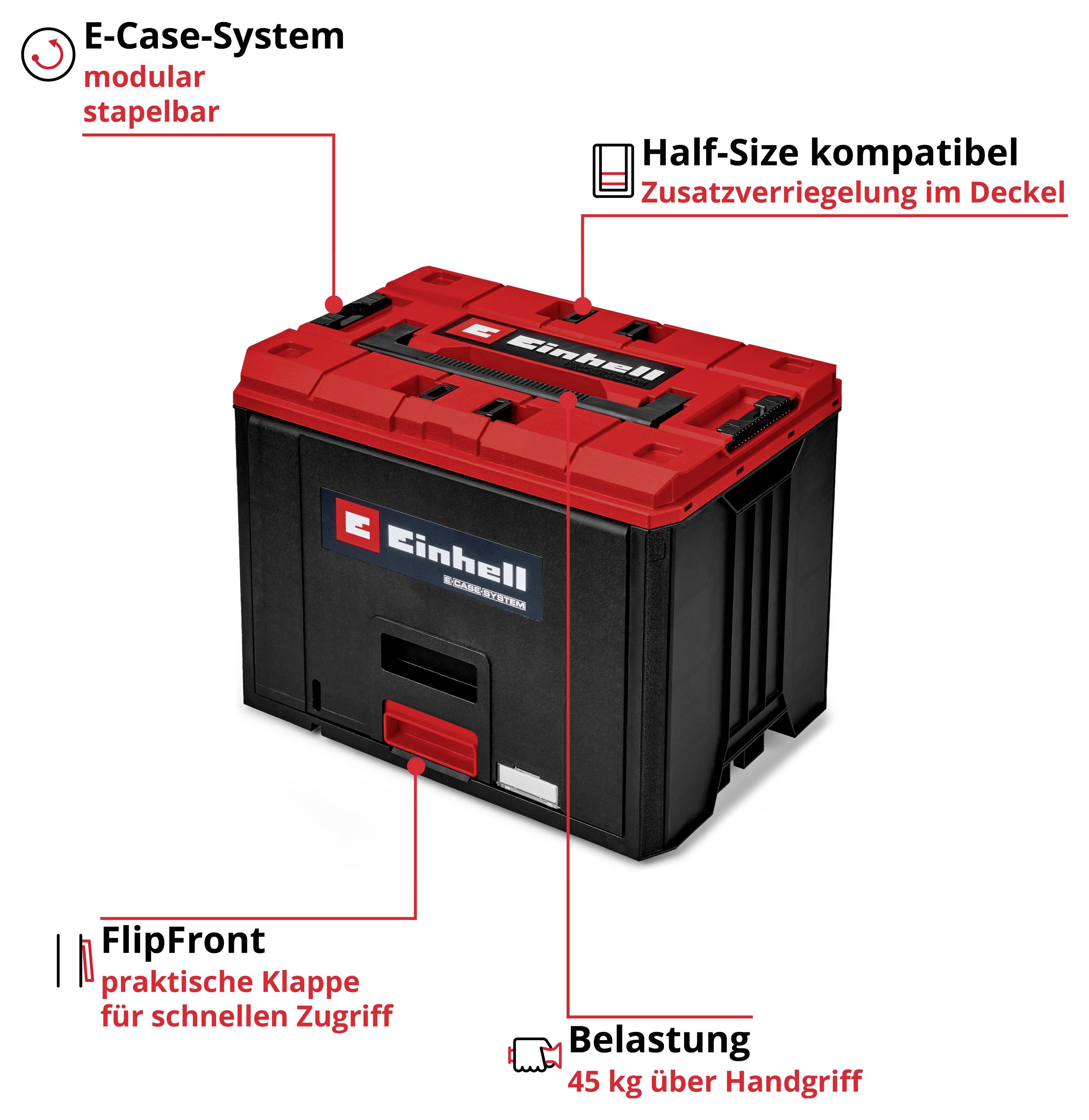 Illustration of a stackable Einhell E-Case system with red lid: half-size compatible, FlipFront flap for quick access, load-bearing capacity up to 45 kg via carrying handle.