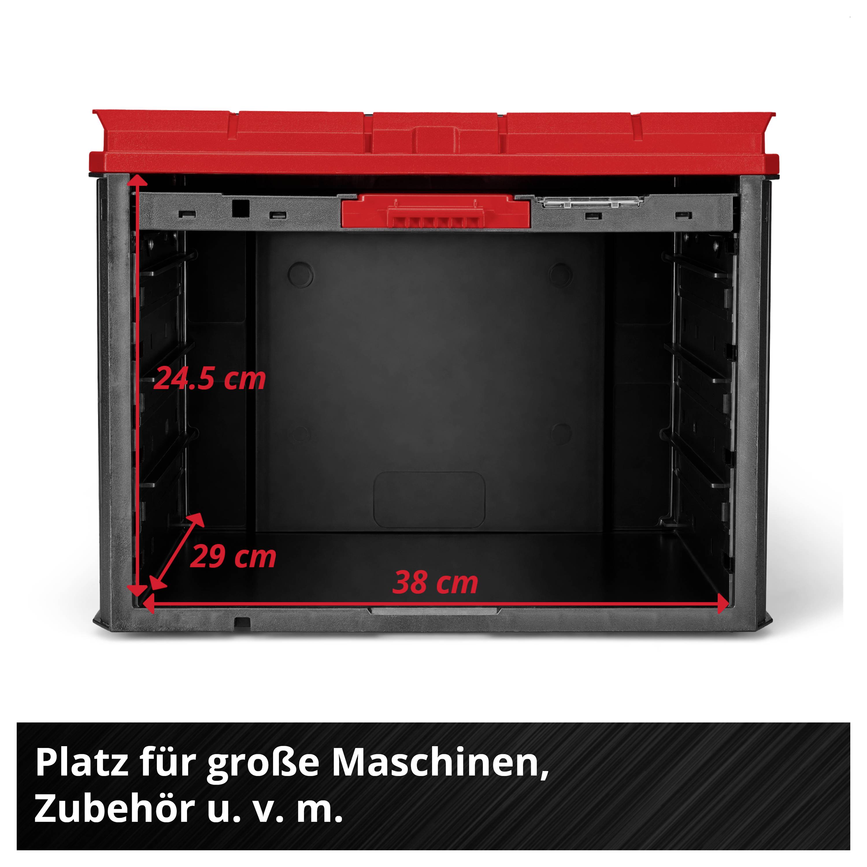 Open black storage box with red lid; internal dimensions 38 cm wide, 29 cm deep and 24.5 cm high. Note: Space for large machinery, accessories and much more.