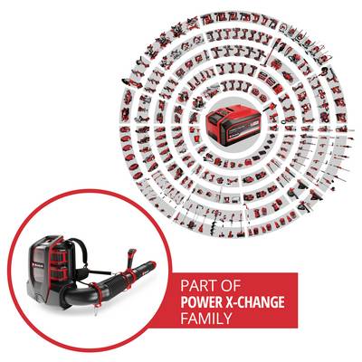 Red and black cordless garden tool kit shown as part of the 'Power X-Change' family, with multiple compatible attachments arranged in a circular product display.