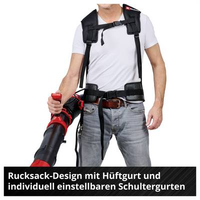Man with portable leaf blower in rucksack design; black hip belt and adjustable shoulder straps. Text: 'Rucksack design with hip belt and individually adjustable shoulder straps'