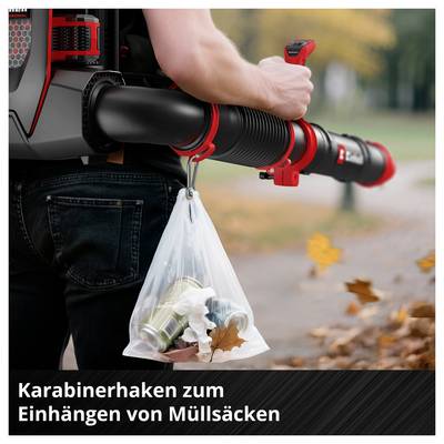 Portable leaf blower with carabiner hook holds a refuse sack; Text: 'Carabiner hook for hanging refuse sacks'