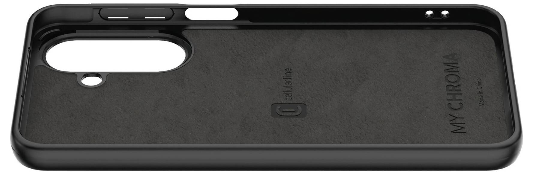 Black phone case shown from the back, with large camera cutout and 'MY CHROMA' branding on a dark textured surface.