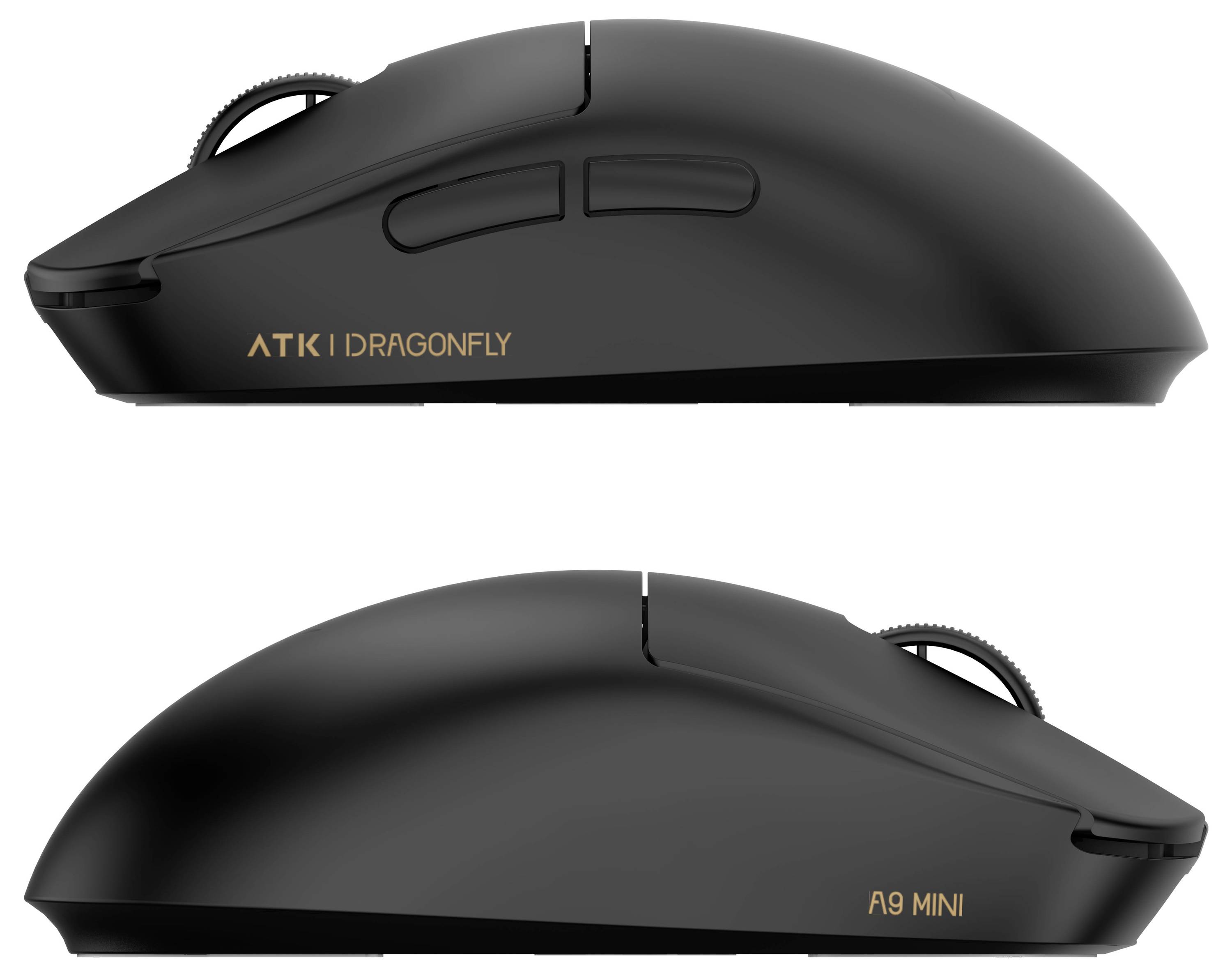 Side views of a black ATK Dragonfly A9 Mini gaming mouse, shown from left and right with the scroll wheel visible.