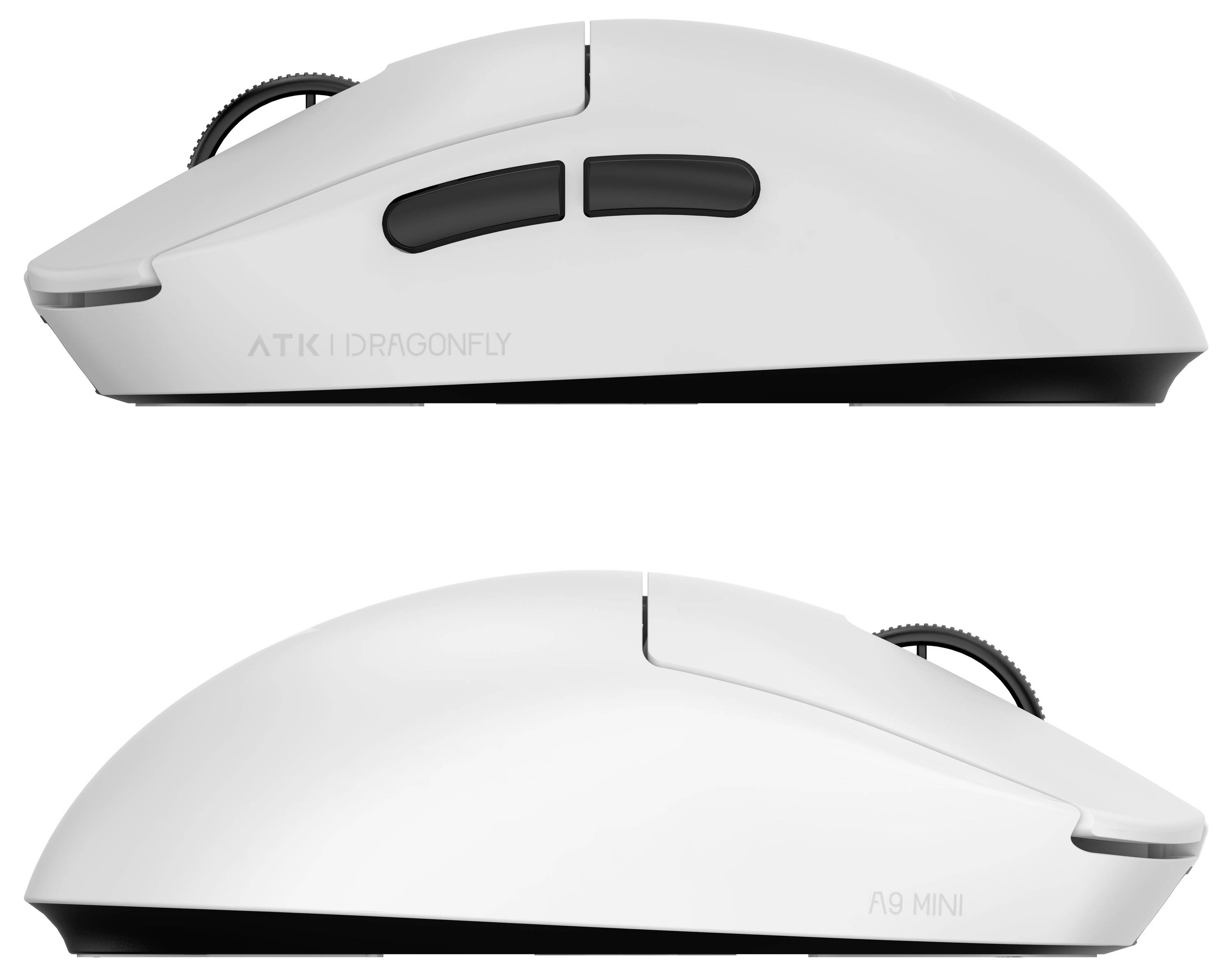 Two white computer mice shown in side view, labeled 'ATK DRAGONFLY' and 'A9 MINI'.