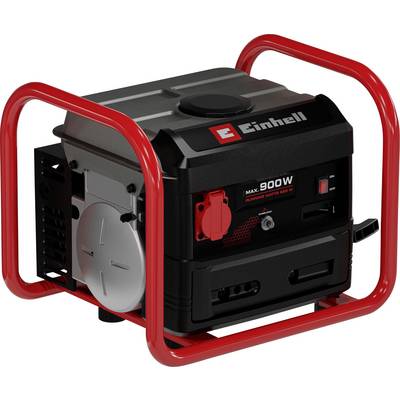 Portable Einhell 900W generator in a red tubular frame, shown in three-quarter view with outlets and controls visible.
