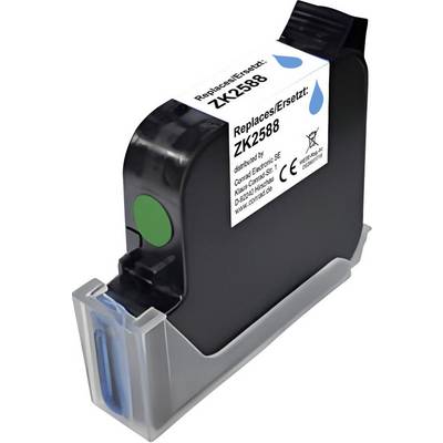 Black printer ink cartridge labeled 'Replace/Setzt ZK2588' with blue ink drops, shown in a clear plastic package.
