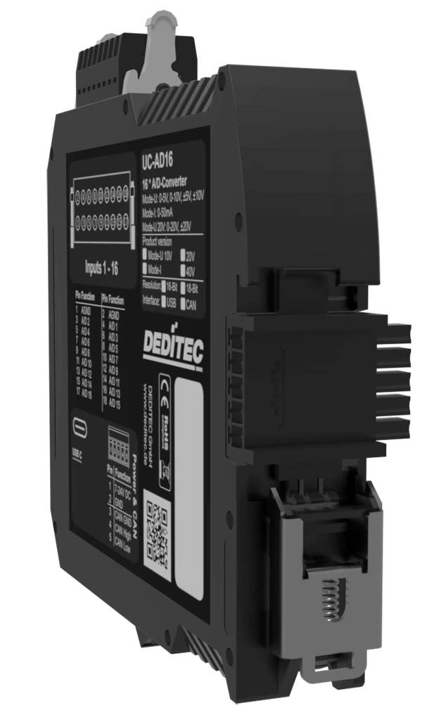 Black DEDITEC UC-AD16 industrial module with labeled terminal connections and a plug-in connector<br>