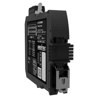 Black industrial DIN-rail electronic module labeled 'UC-THERMO' and 'DEDTEC', with terminal blocks and front display panel.