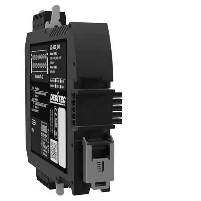 Black industrial DIN-rail relay module with labeled front panel and plug-in connector, shown on a white background.