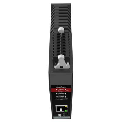 Front view of a black Dell EMC power distribution unit or network device with multiple ports and status LEDs, labeled 'Dell EMC' and 'Comms - Status - LAN'.