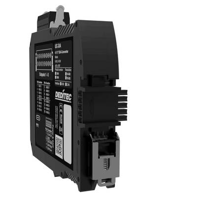 Black industrial DIN-rail module with front labels and plug-in connector ports, shown in side view on a white background.