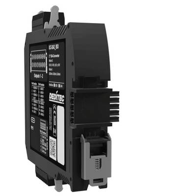 Black industrial electronic module with connector ports and label panel, shown on a white background.