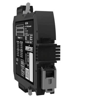 Black industrial DIN-rail electrical module with labeled terminal blocks and front indicators, shown in three-quarter view on a white background.