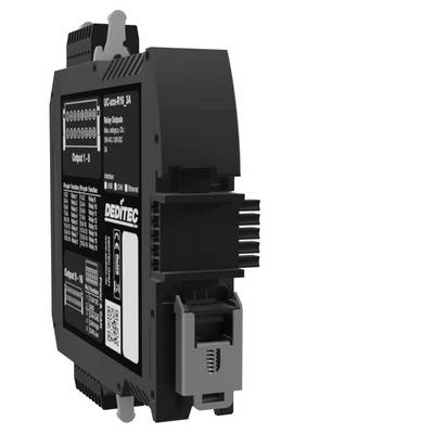 Black DEITEC DIN-rail industrial control module with labeled input/output terminals and connector ports, shown in 3D on a white background.