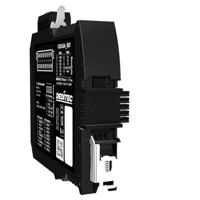 Black industrial electronic module with labeled front panel, connectors, and mounting clip, shown on a white background.
